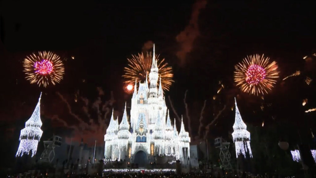 Holiday ice lights on Cinderella Castle at Walt Disney World